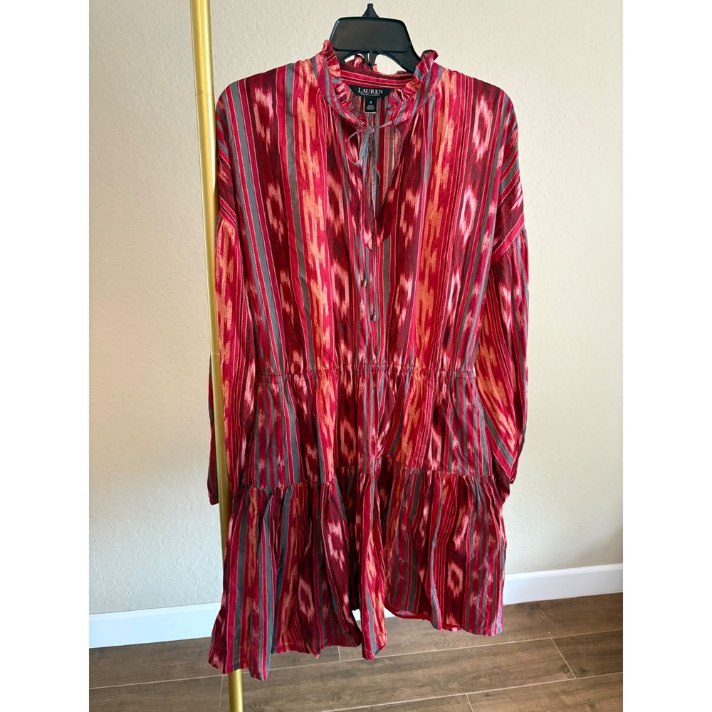 Lauren Ralph Lauren Dress Red Ikat Stripe Tiered Cotton Mini Size 8 Boho